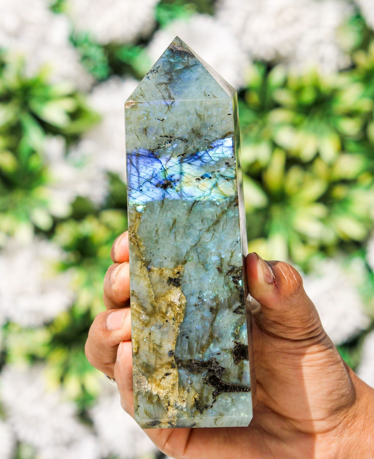 Large 170MM Green Labradorite Stone Chakra Metaphysical 4F obelisk point Tower