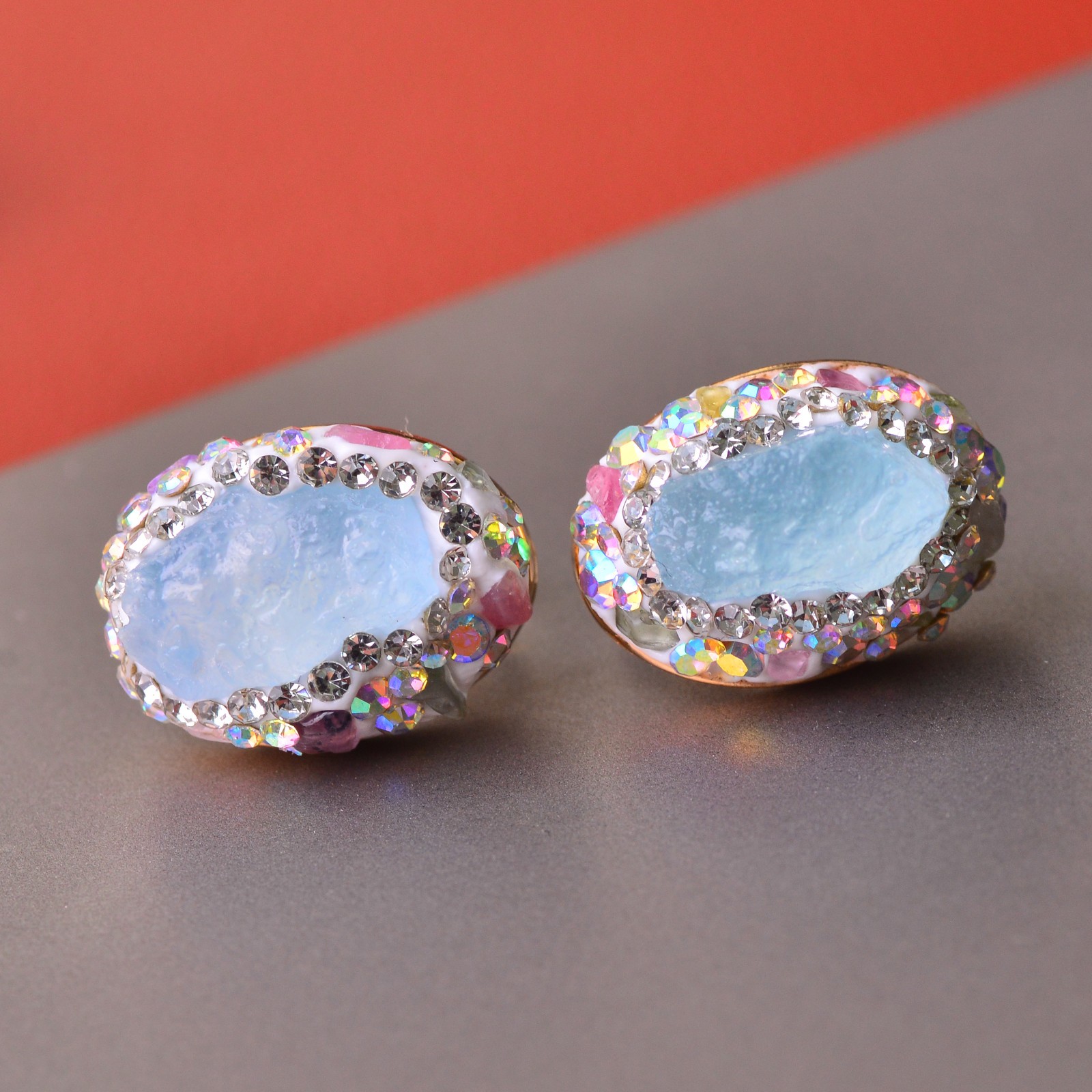 Aquamarine-inlaid alloy ear stud gemstone jewelry Energy Crystal