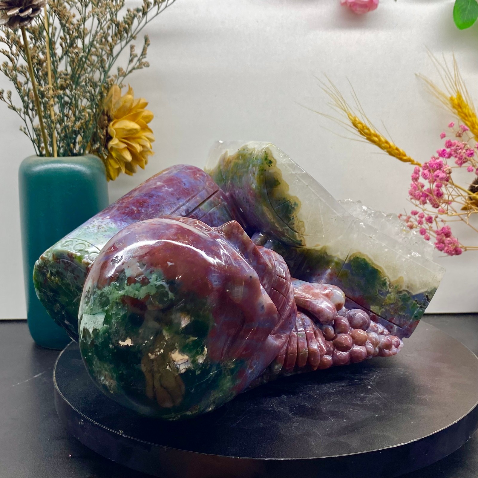 12.1LB Hand Carved Ocean Jasper Skull with Clear Quartz Cluster Natural Crystal