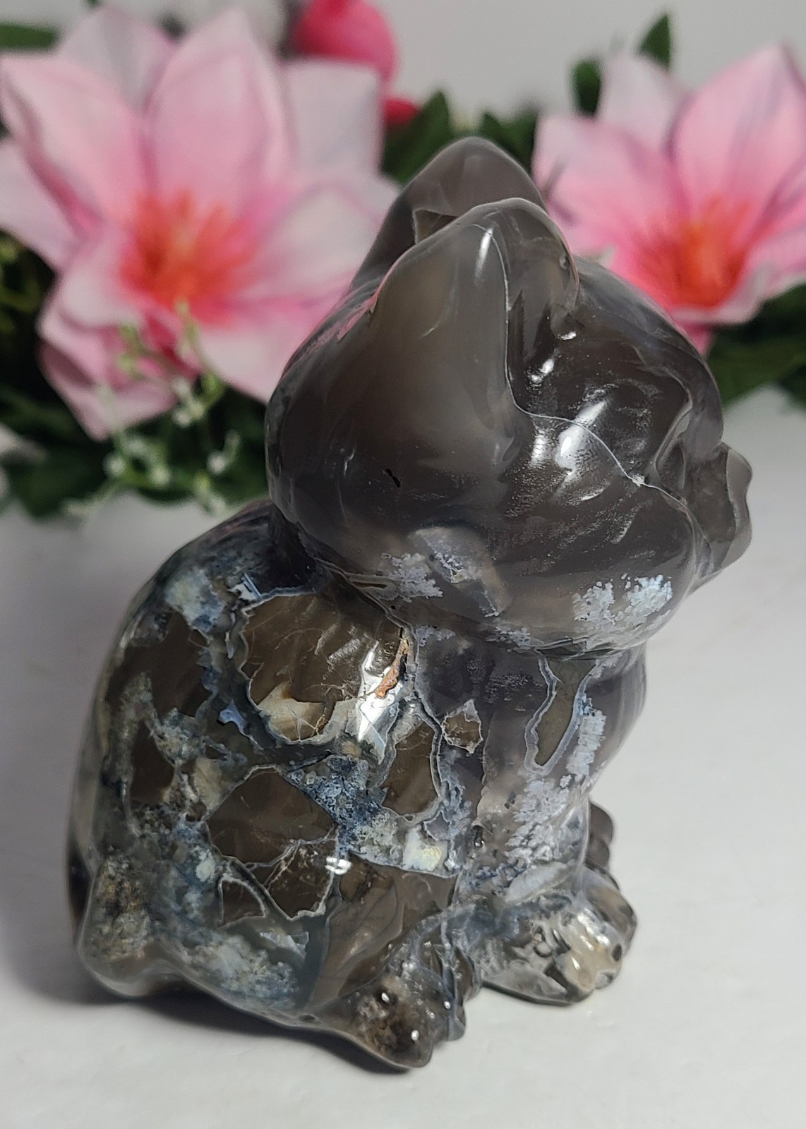 Large 4″ 554g UV Reactive Volcano Agate Cat Kitten Stone Crystal Carving Statue