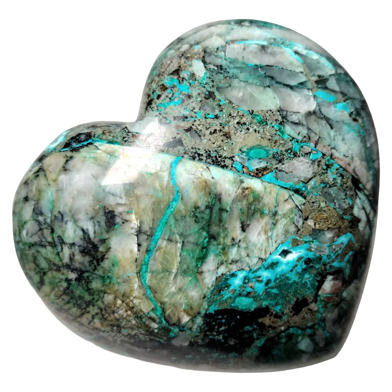 Peru Chrysocolla In Quartz Carved Heart 3.4″ x 3.6″ / 1.0+lbs. Romantic Gift