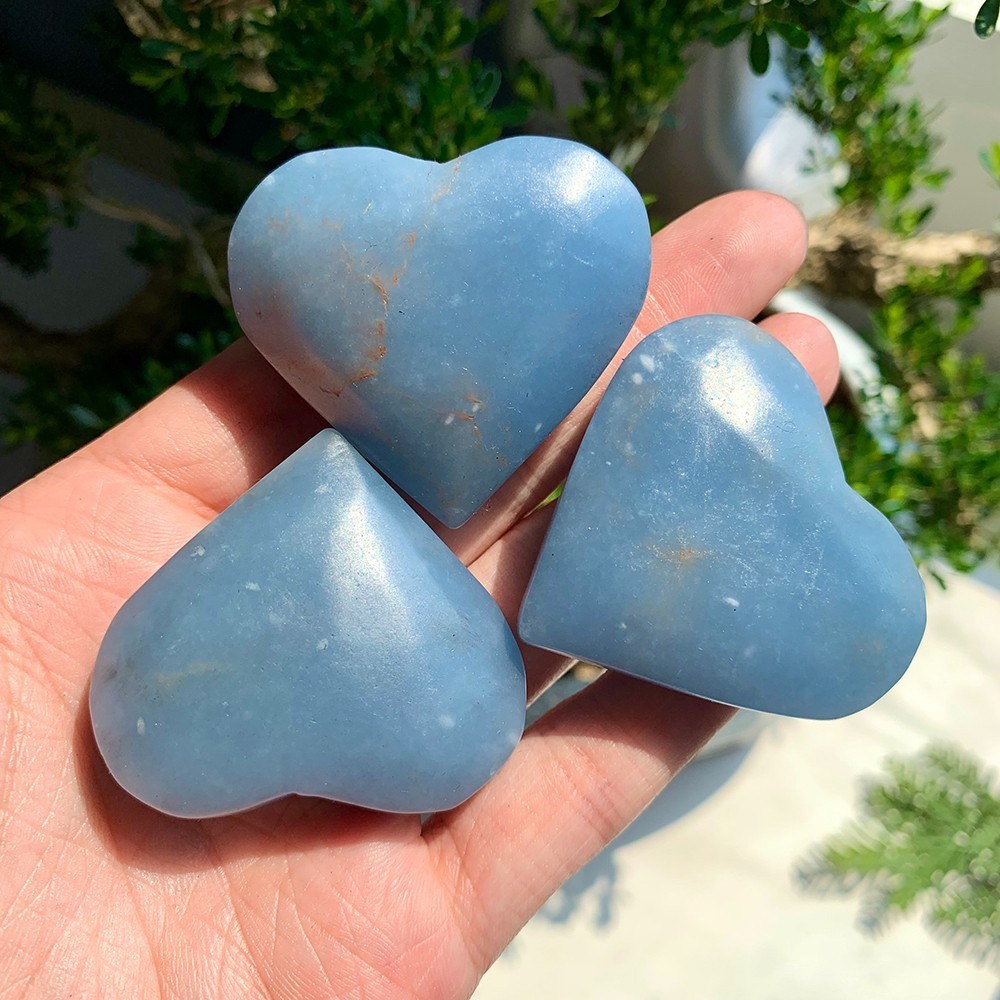 3Pc Natural Crystal Blue Angelite Stone Polished Heart Home Good Quality Decor