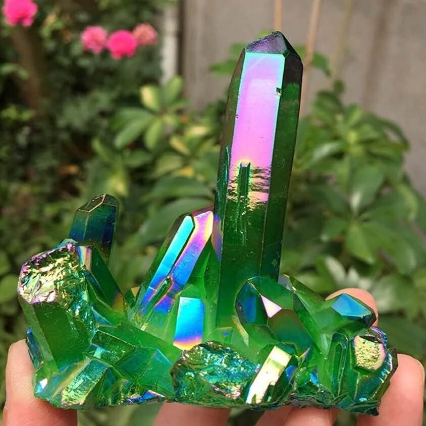 Angel Aura Titanium Quartz Point Cluster Green Crystal Specimen Minerals