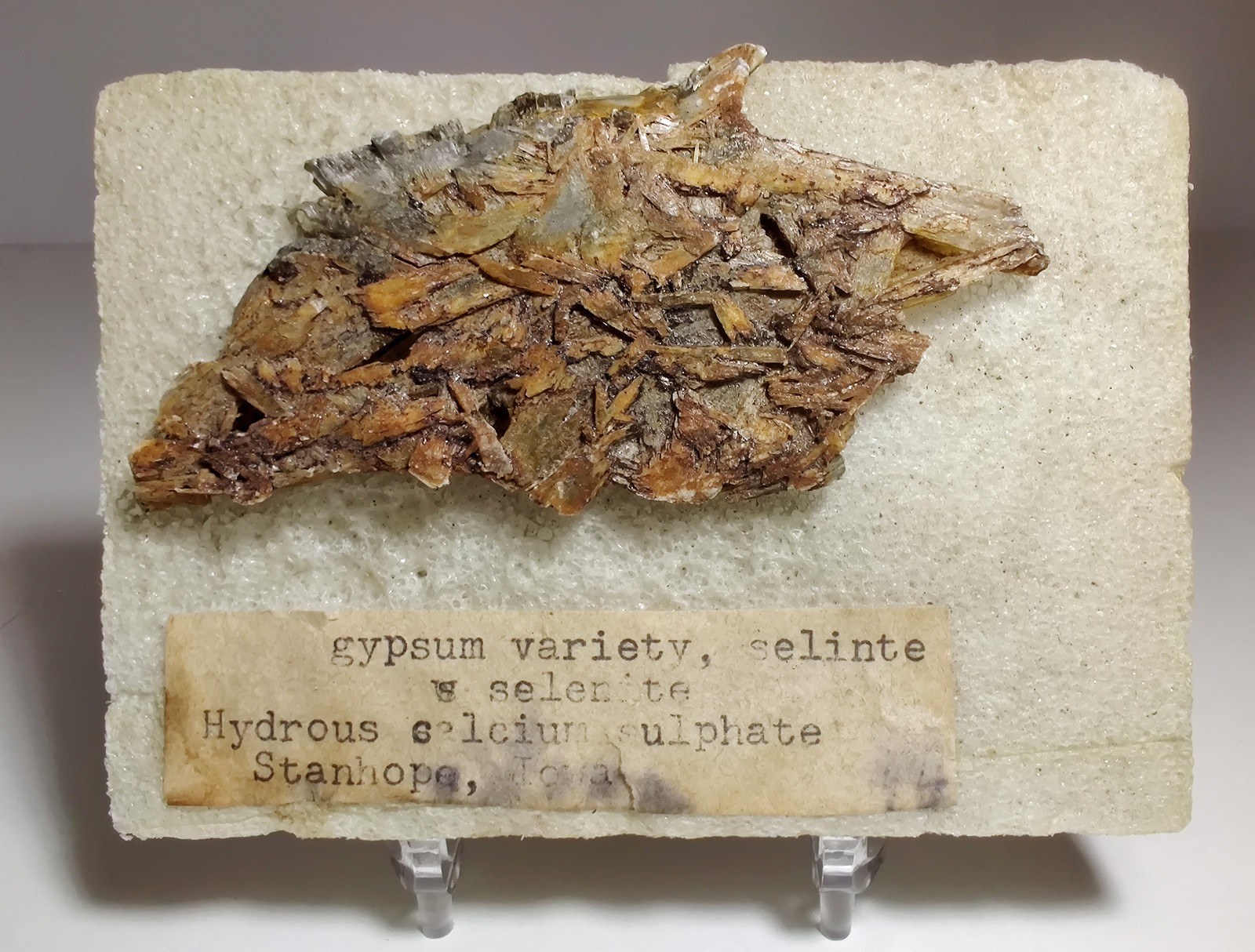 Gypsum-Selenite crystals, old “traded” collection piece . Stanhope, Iowa. 9 cm.