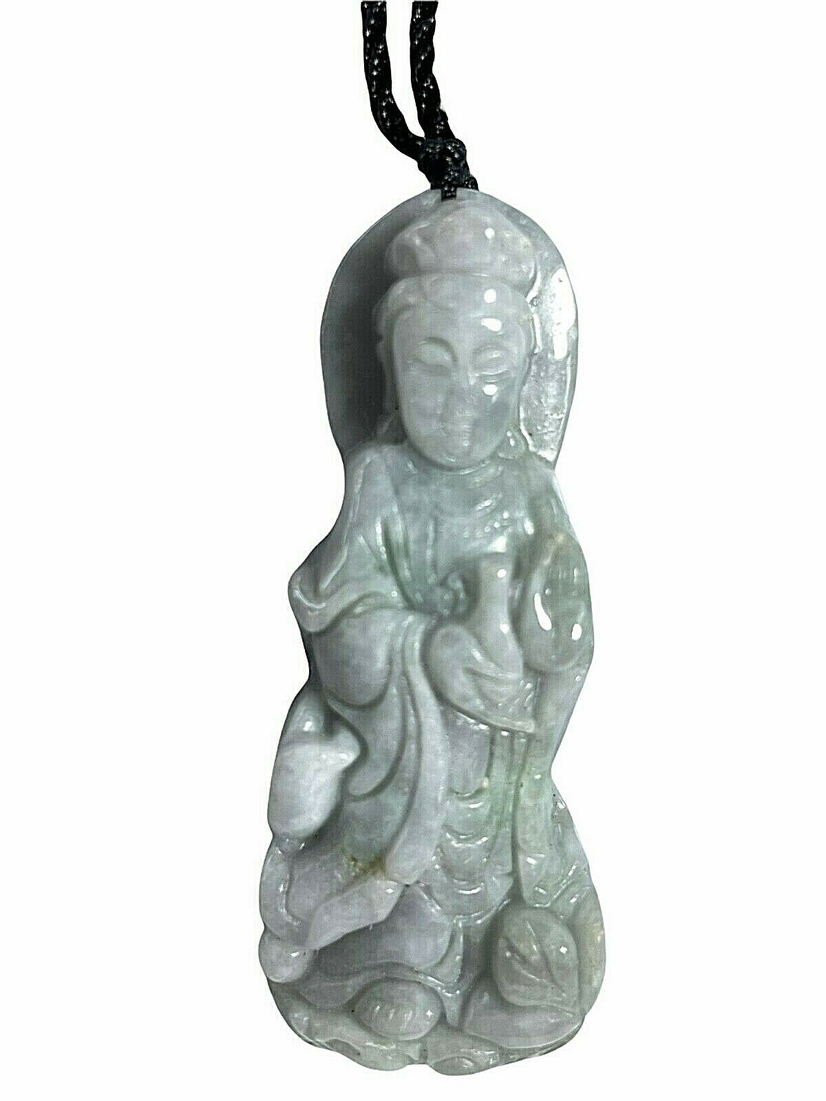 Jade Kuan Yin Pendant Certified Natural Green Lavender 57mm 37g Good Luck