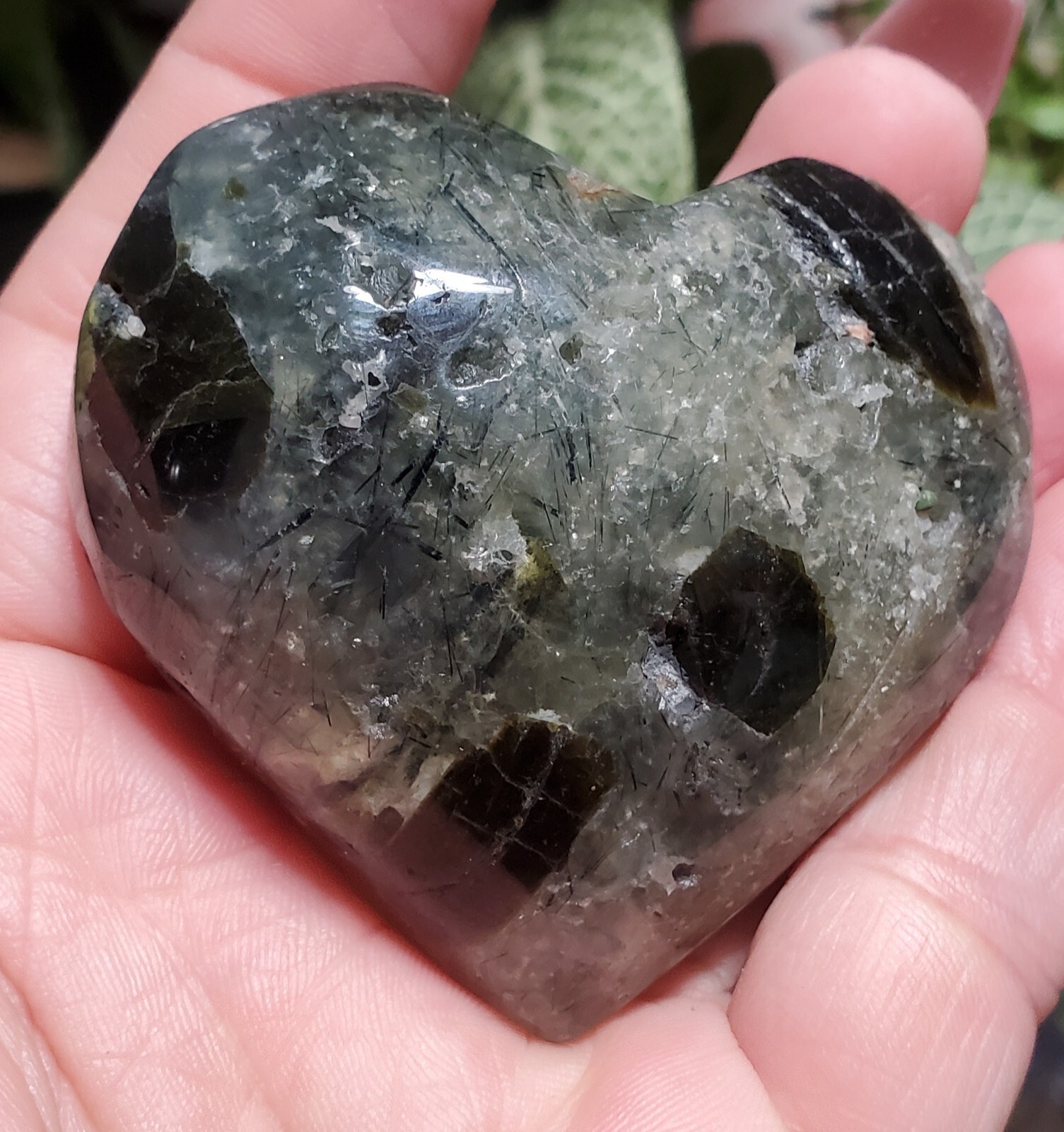 Prehnite With Epidot 2.24″ H Crystal Heart Palm Stone 1pc