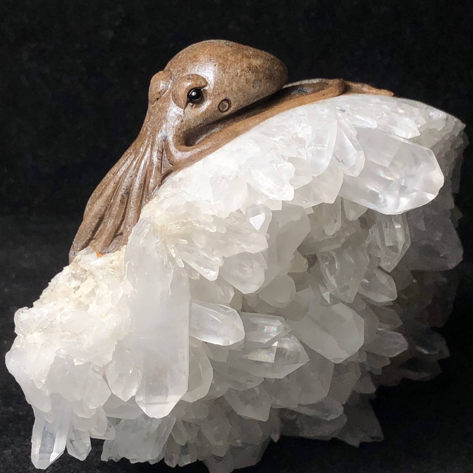Premium Hand Carved Natural White Crystal Cluster Octopus Signed Collectible Art