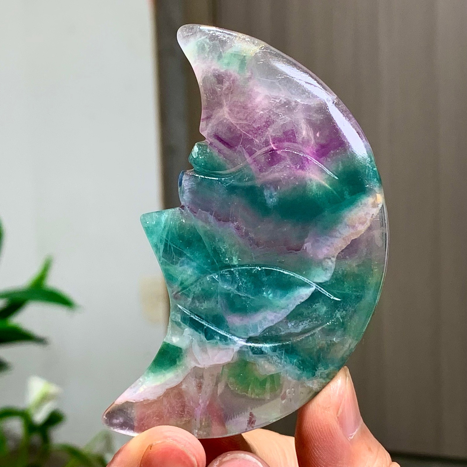 65G Rare colored fluorite crystal, hand carved moon mineral, polished