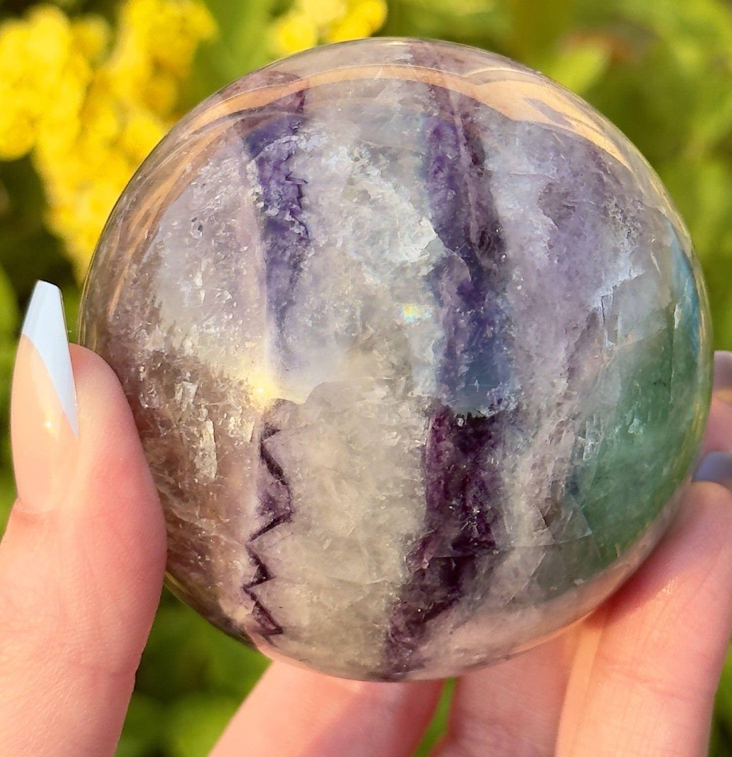 63mm Mint Green Purple Rainbow Fluorite Sphere With Mica Crystal Ball