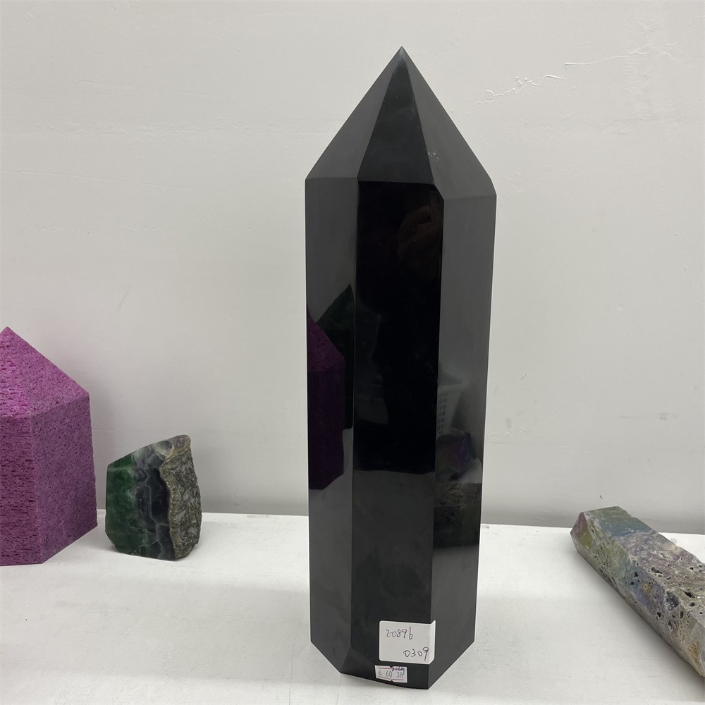 Customizable17.7LB Large Black Obsidian Obelisk Crystal Quartz Tower Point
