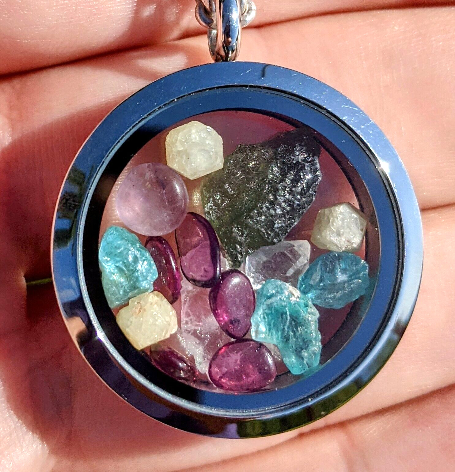 Moldavite Pendant / Phenacite / Herkimer Diamond / Auralite 23 Locket Necklace