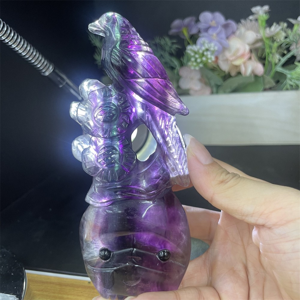 0.8LB 5.7″ Natural Rainbow Fluorite Bird Carved Crystal Quartz Healing Figurine