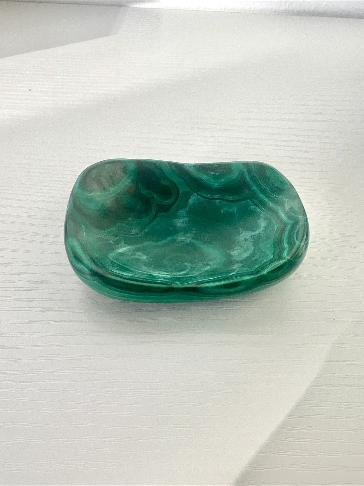 Natural Solid Malachite Stone Hand Carved Oval Dish 3.5”x2.5”