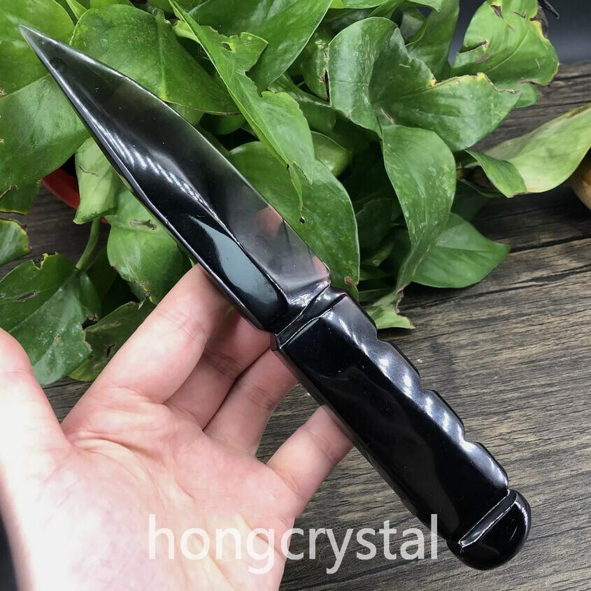 1pc Natural Obsidian quartz hand Carved knife Crystal wand point reiki healing