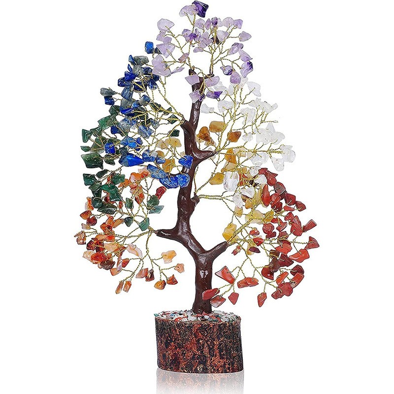 Seven Chakra Crystal Stones Tree of Life Ornament, Reiki Healing Money