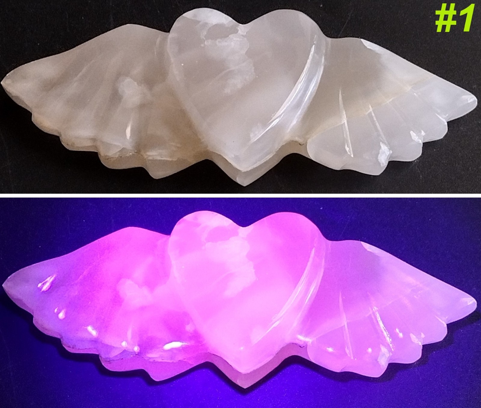 Natural Mangano Calcite Heart Wings UV Reactive Crystal Carving Choose Exact