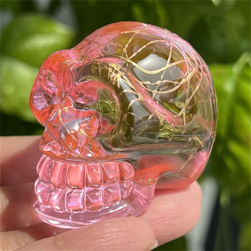 2″ titanium Pink aura smelting quartz skull crystal hand Carved Figurines 1pc