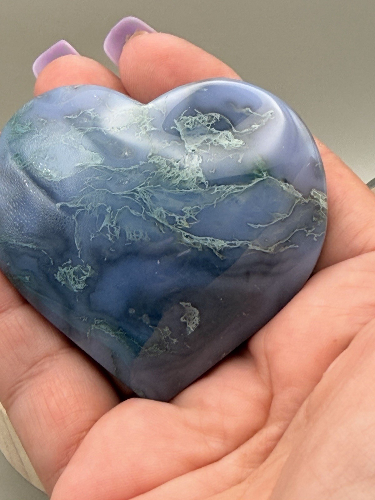 Beautiful Moss Agate Heart Shape Palmstone Natural Crystal Reiki Chakra Healing