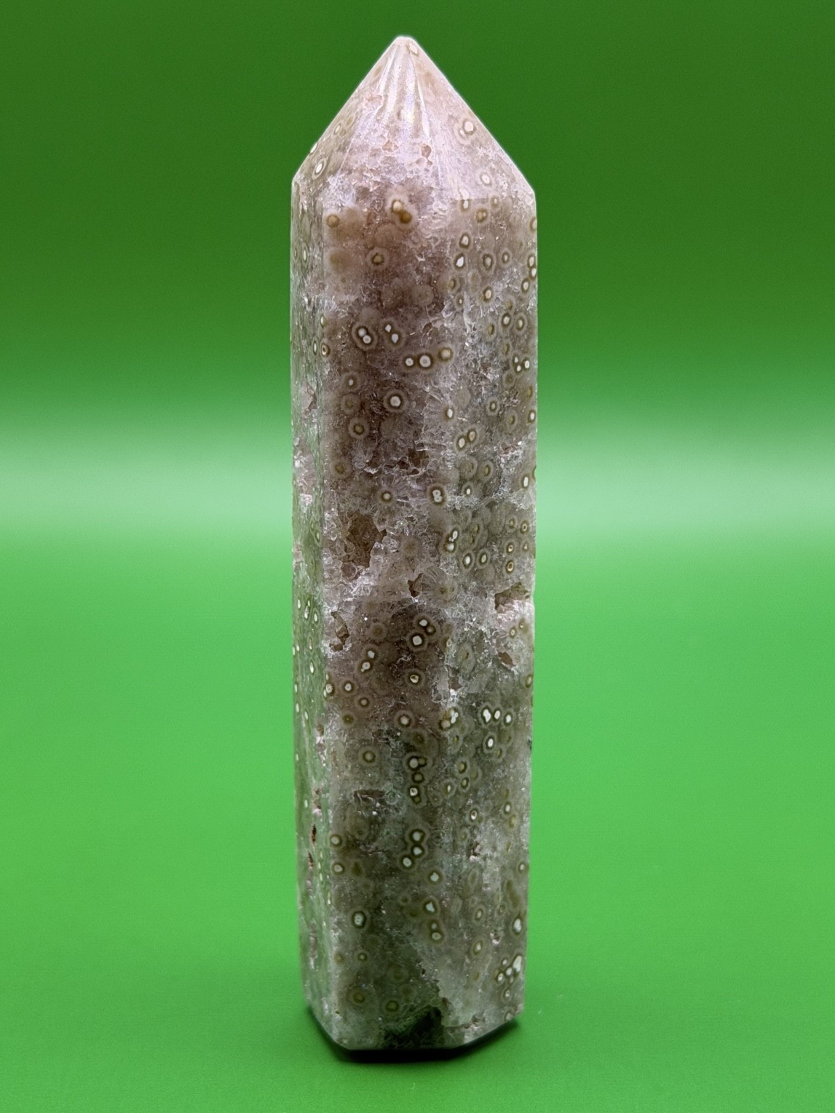 2.36oz 3.6in Ocean Jasper Tower Orbicular Sea Jasper Druzy Crystal Point