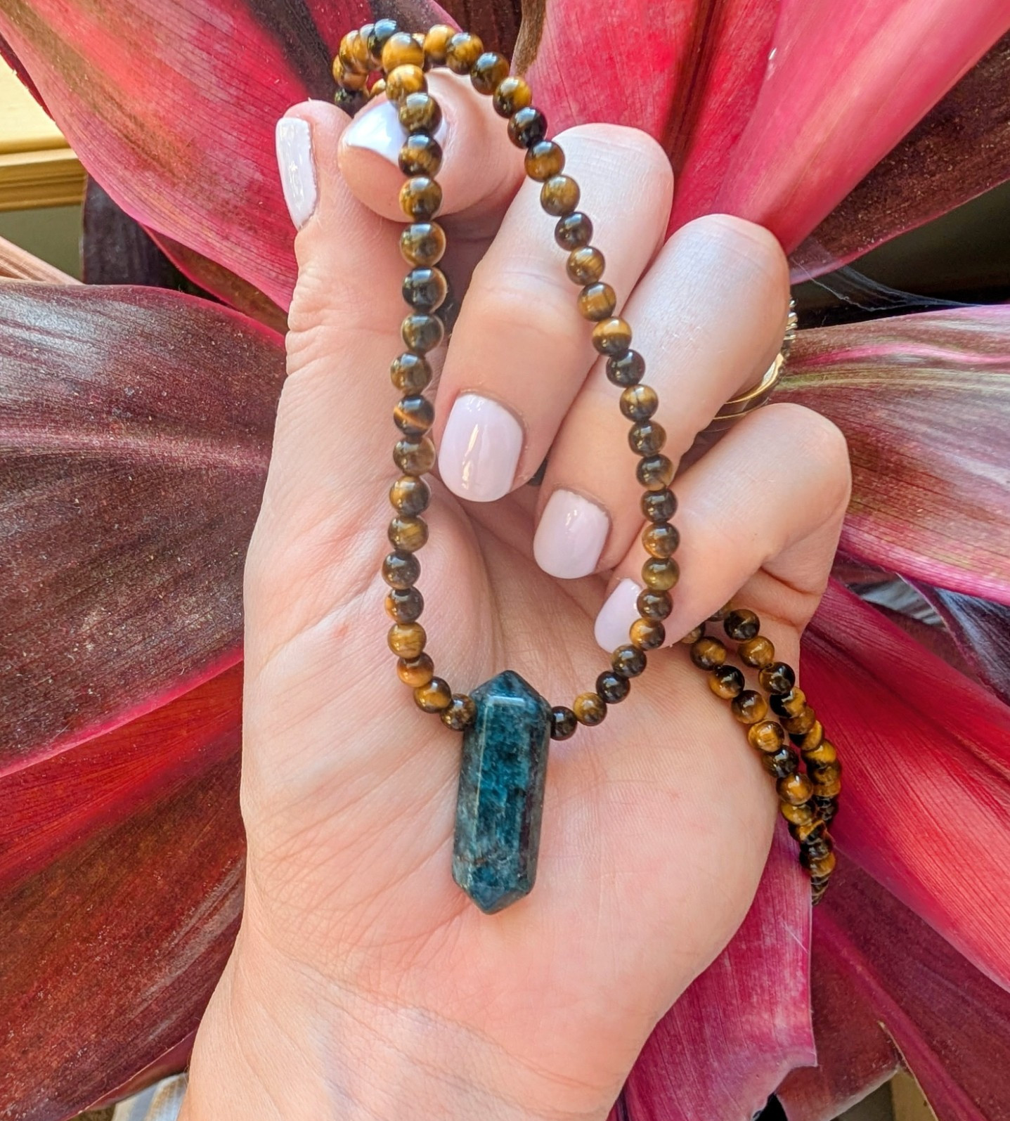 Blue Apatite Necklace With Tigers Eye Gemstone Beads Adjustable 22 Inch