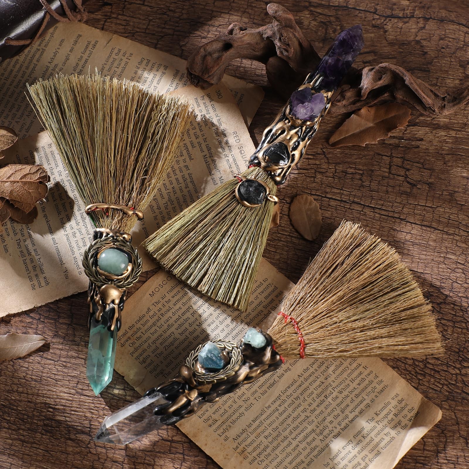 Witch Crystal Altar Broom – Natural Crystal Magic Broom for Wiccan Décor Hall…