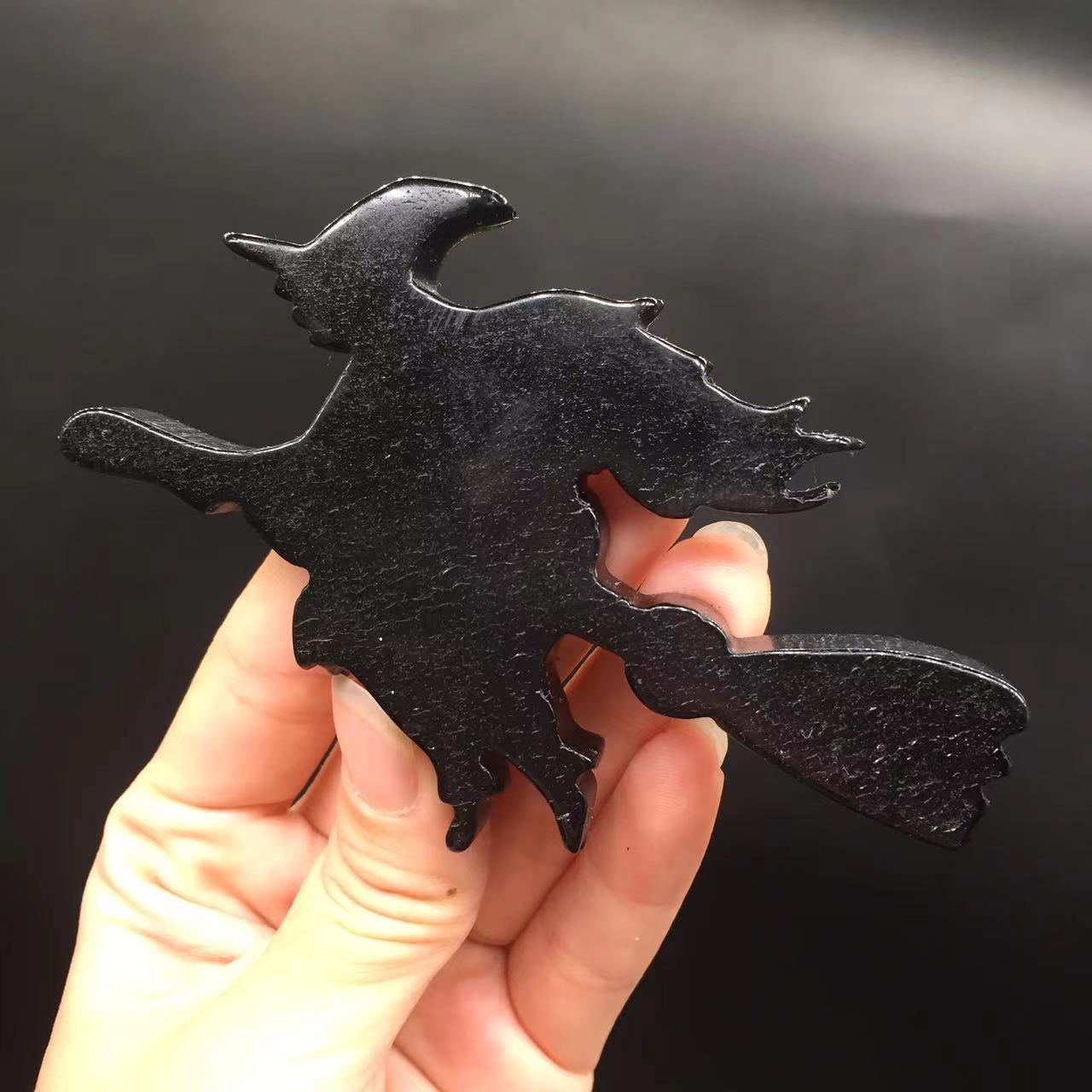 Natural Black Obsidian Carved Witch On Broom Silhouette Halloween Crystal Decora