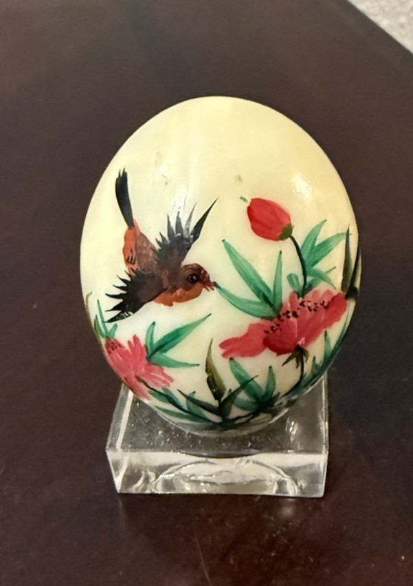 Vintage China Painted Bird Floral On Natural Marble Stone Egg 2.5”
