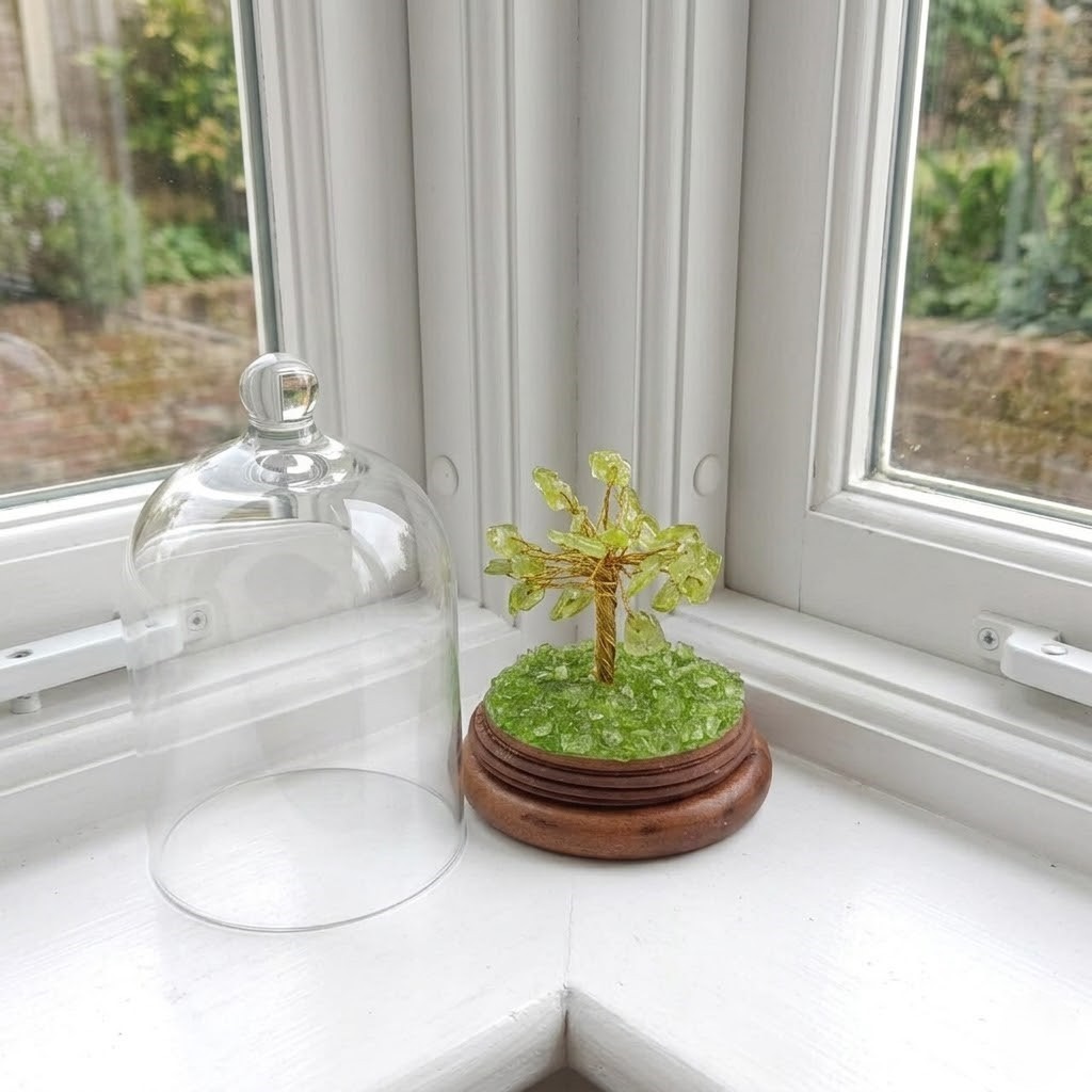 Peridot Crystal Tree in Dome | Handmade Gemstone Tree of Life for Home Office