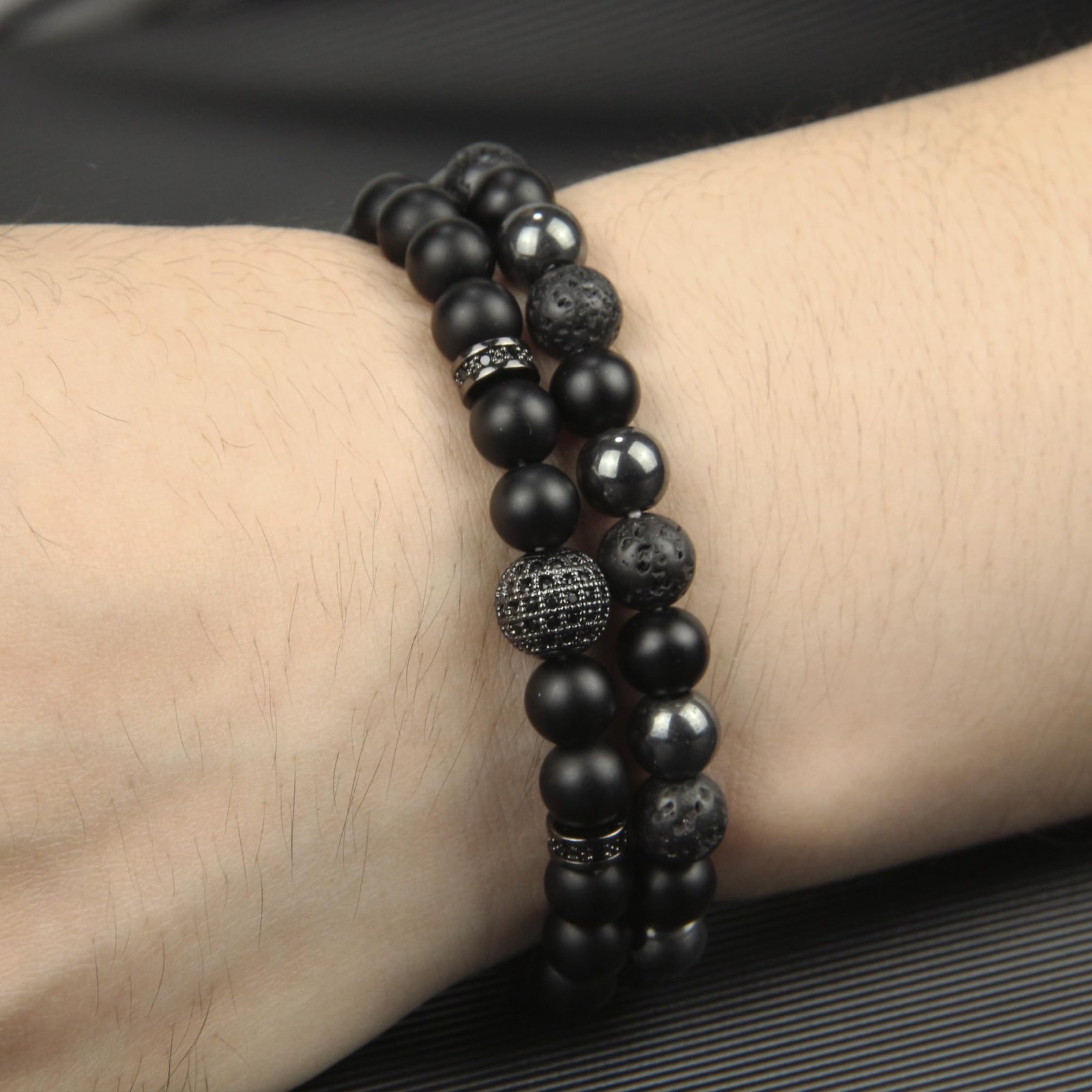 Black Obsidian Bracelets for Men- Cubic Zirconia Bracelet – Tourmaline Bead, 8MM
