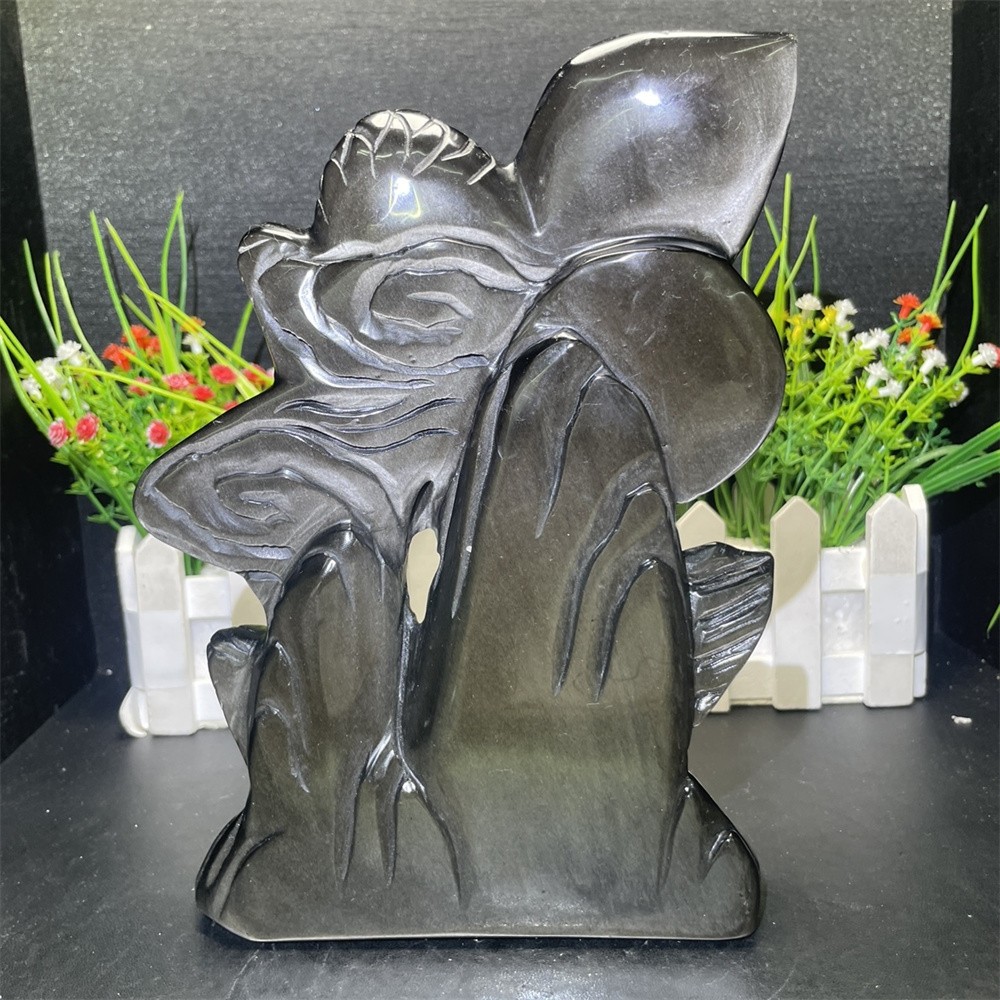 3LB 8″ Natural Silver Obsidian Dragon Carved Crystal Quartz Mineral Statue
