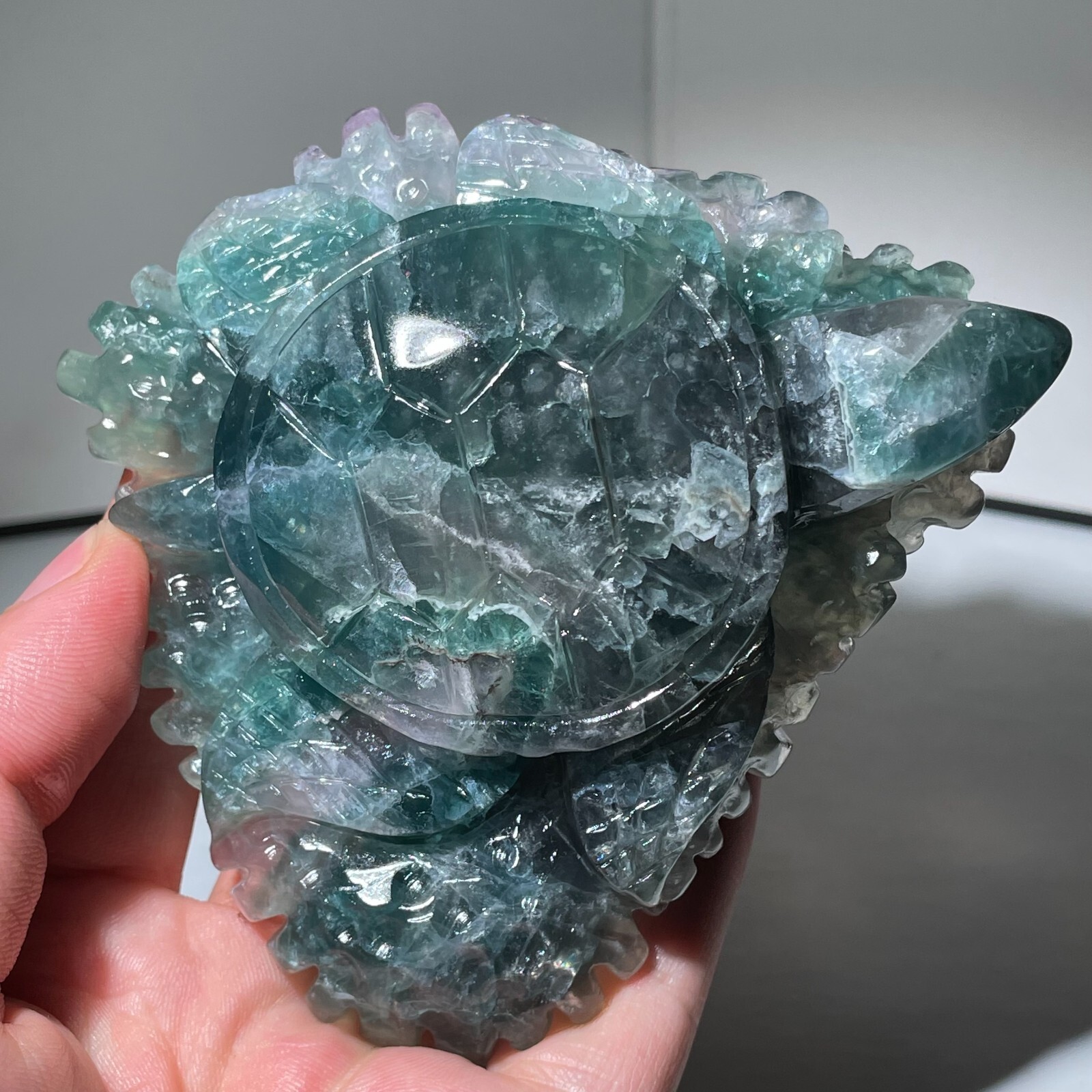 353G Natural Color fluorite Quartz Crystal sea turtle Skull Reiki Healing Gift