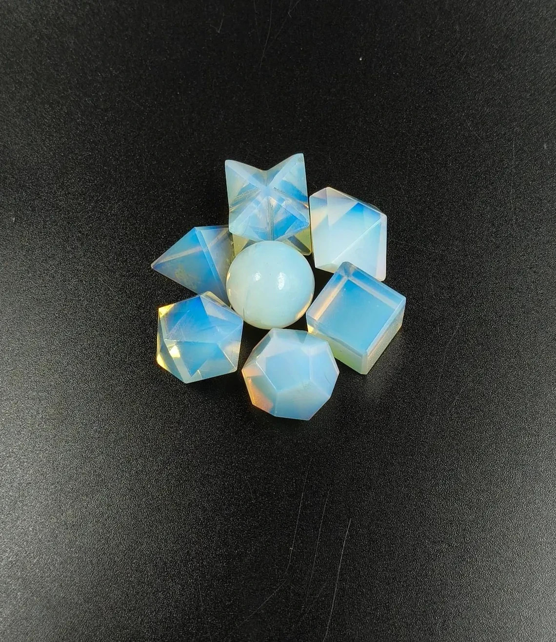 Opalite 7 Platonic Solids Sacred Geometry Crystal Set w/ Box Reiki Gift Healing