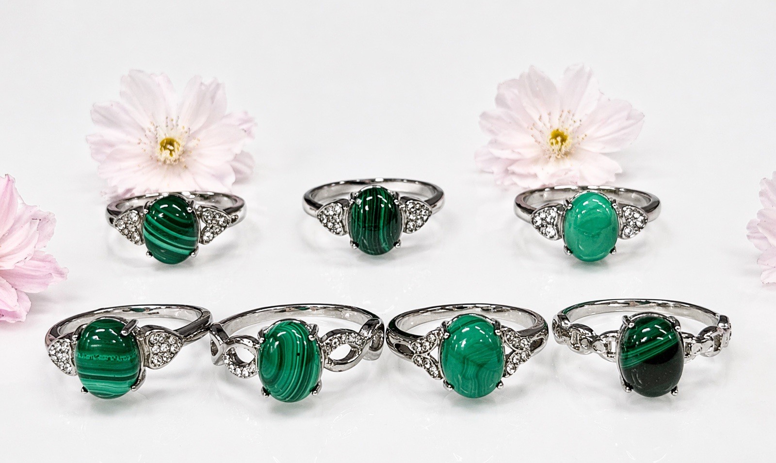 Wholesale 7 Pcs Natural Malachite Stainless Steel(316) Rings Crystal 8x10mm