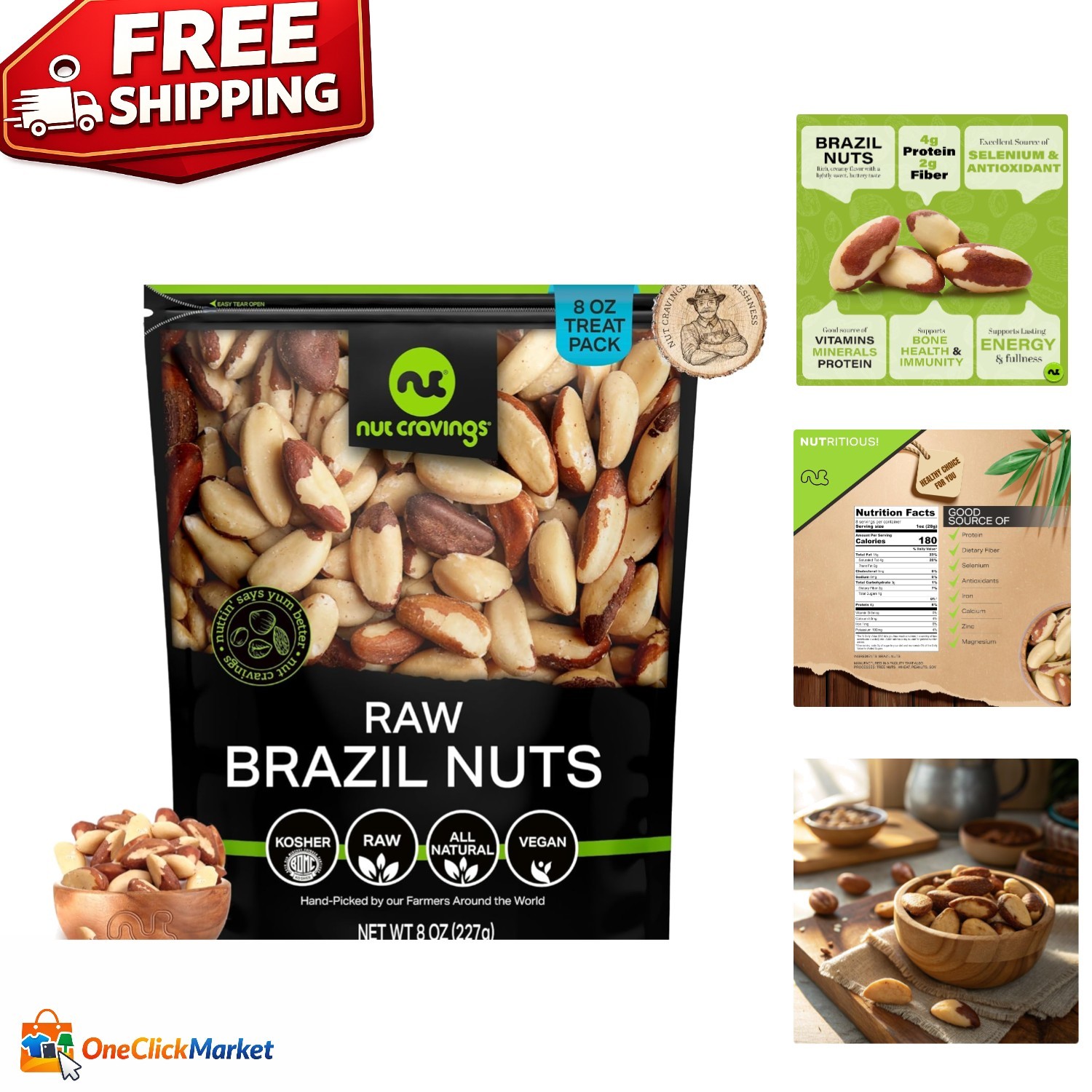 Fresh Raw Brazil Nuts, Unsalted, 8oz Resealable Bag – Kosher Healthy Snack