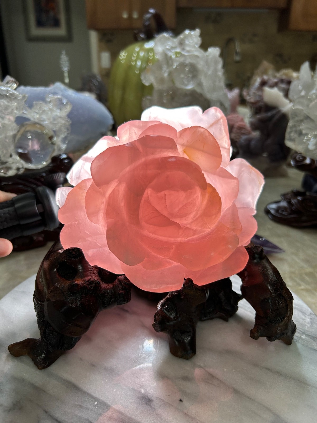 Rose Quartz Flower Rose carving on custom branch stand large