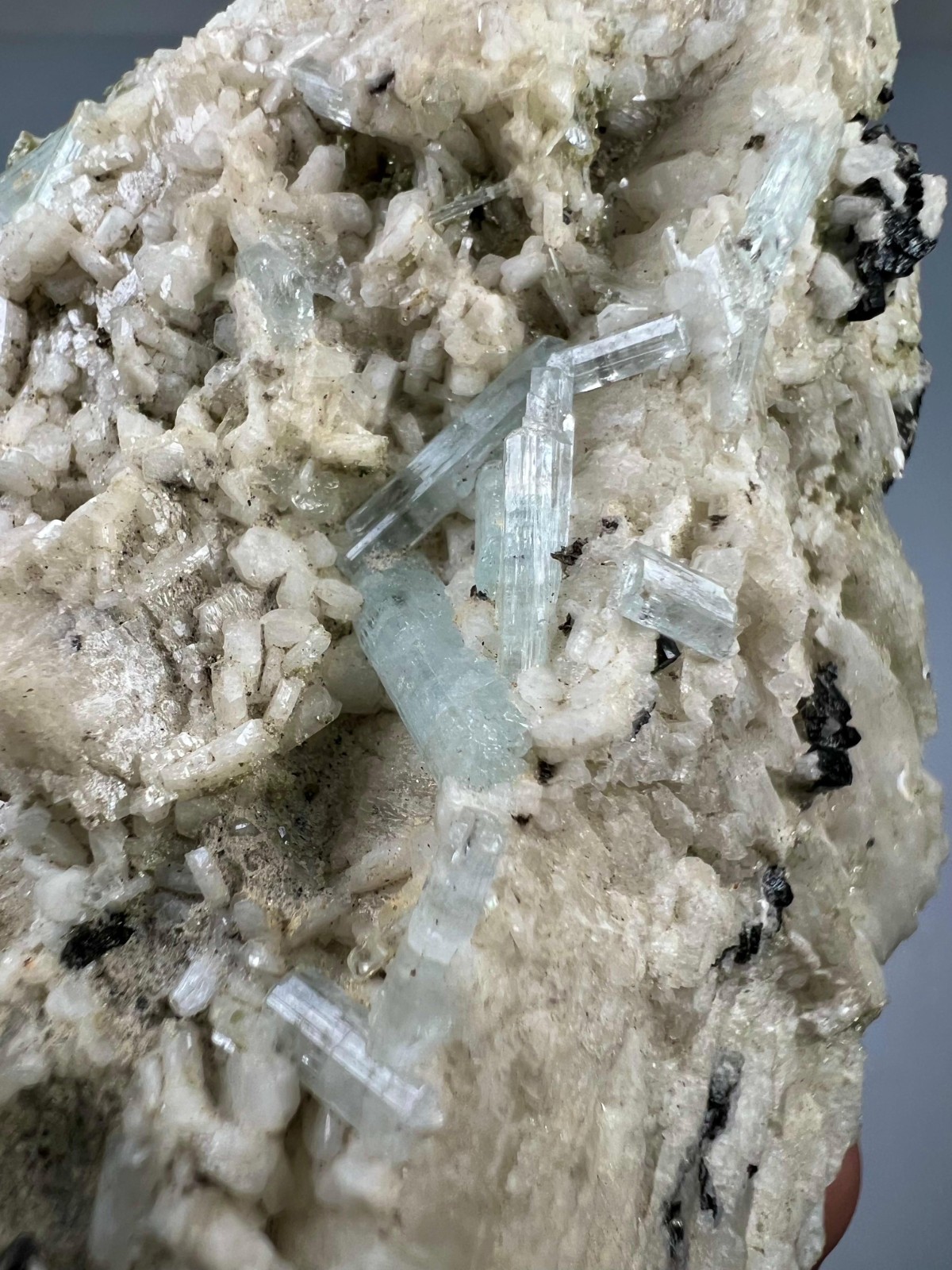 300g Natural Aquamarine Crystal Cluster on Feldspar Matrix with Black Tourmaline