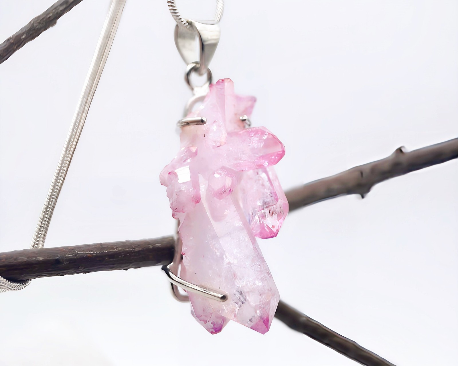 Rose Aura Quartz Pendant 925 Silver Crystal with Platinum Cluster Rainbows