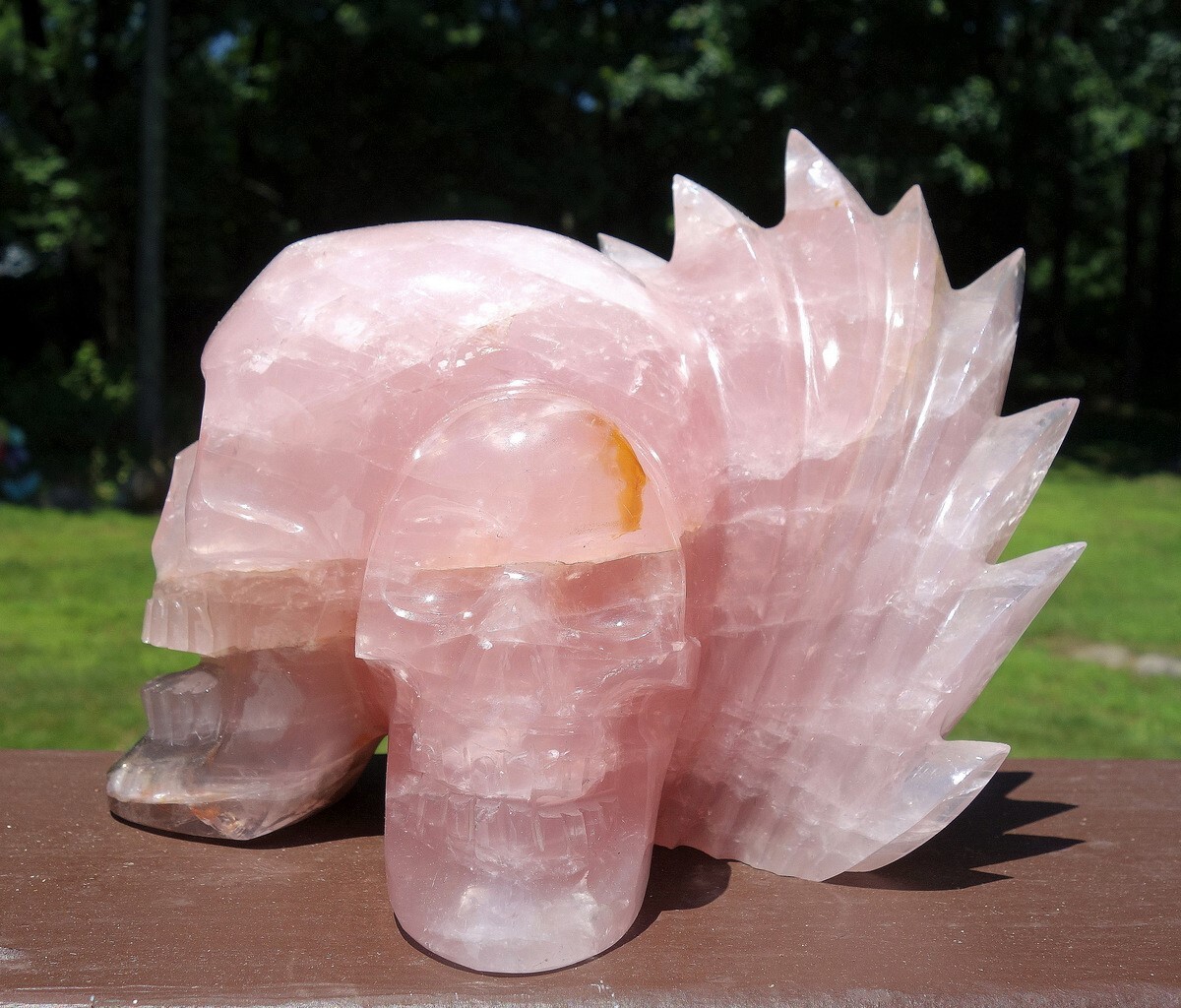 Double Skull Rose Quartz Crystal Carving Pink Beauty with Touch of Golden Healer