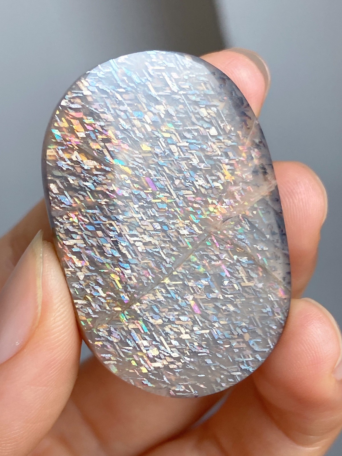 Rare Rainbow Grid Fibrous Sunstone Palm Stone Collector Grade Crystal