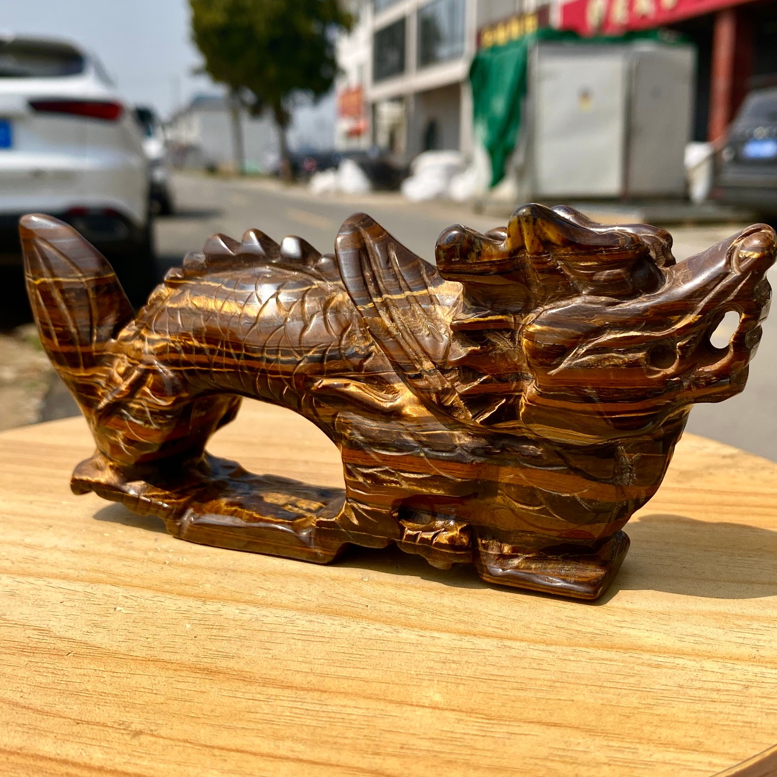 495G Natural Tiger Eye Hand Carved Dragon Figurine Crystal Healing Stone
