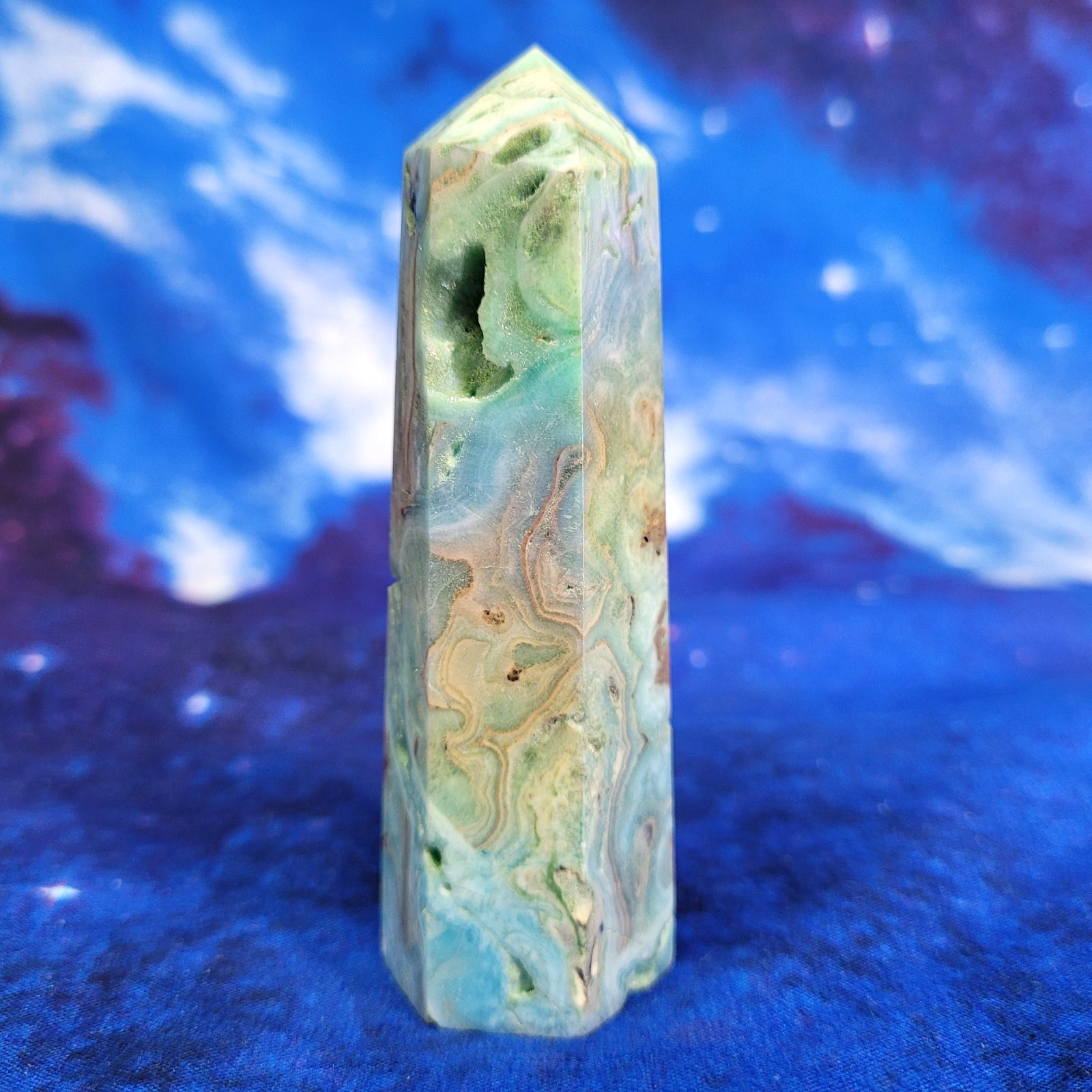 Angel Aura Blue Aragonite w/Sugar Druzy Caves Obelisk Tower 3.5″ 94g Crystal
