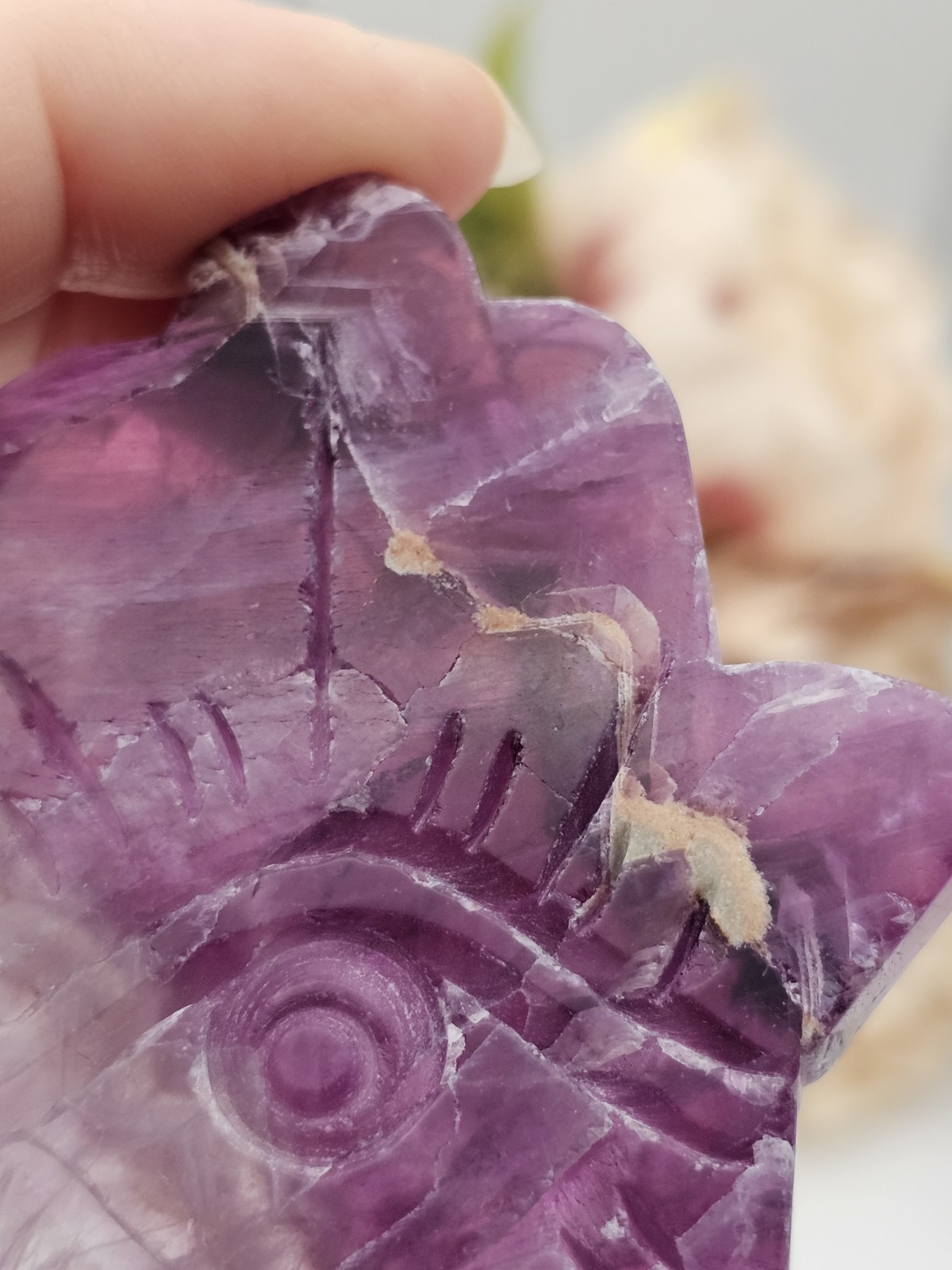 Purple Rainbow Fluorite Hamsa Hand crystal Carving 7.8cm 91g