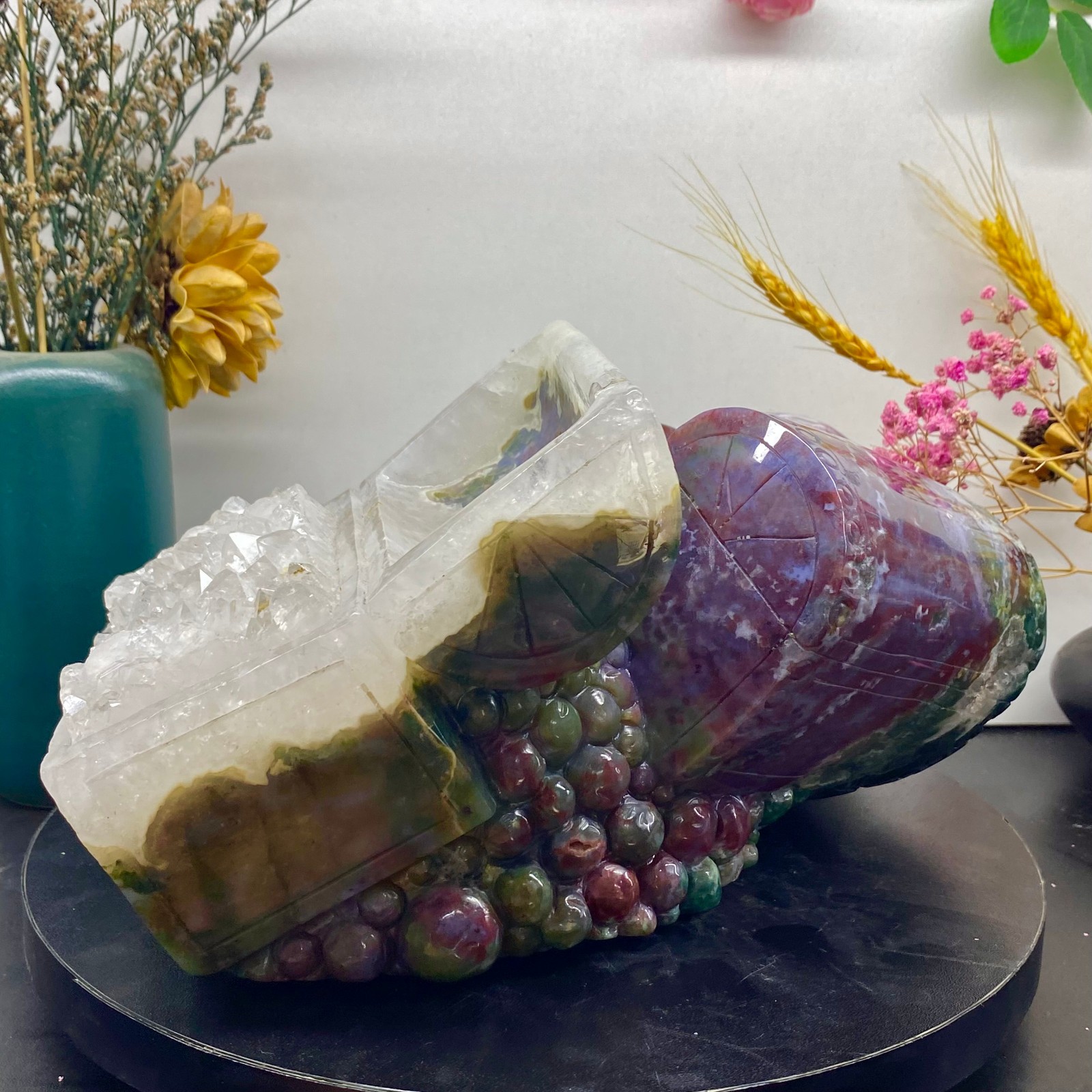 12.1LB Hand Carved Ocean Jasper Skull with Clear Quartz Cluster Natural Crystal