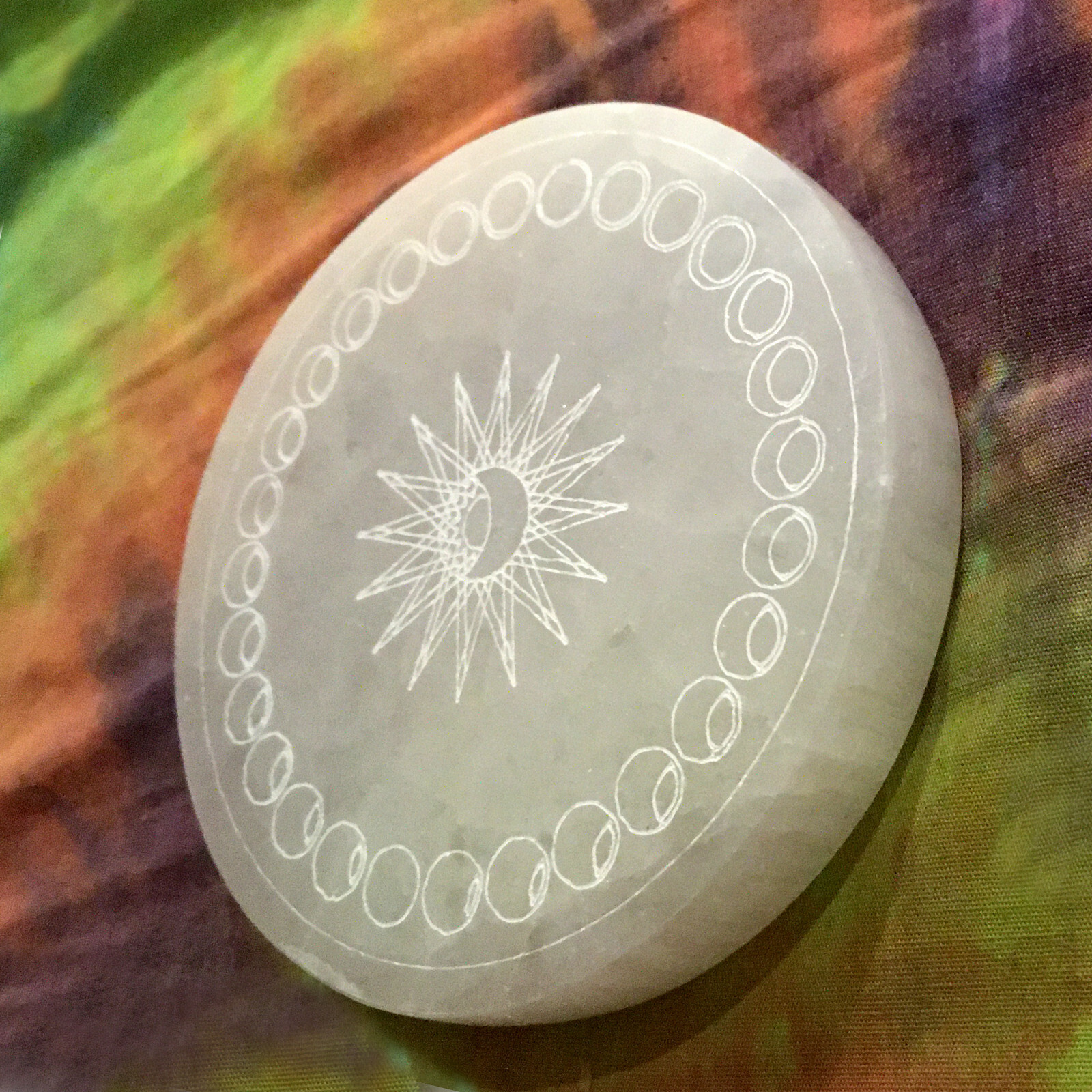 Selenite Crystal Charging Plate 4″ Moon Phases Engraved Circle Disc Reiki Energy