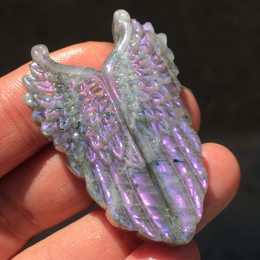 1PCS Natural Purple Labradorite Quartz Hand carved Wing Crystal Reiki healing##