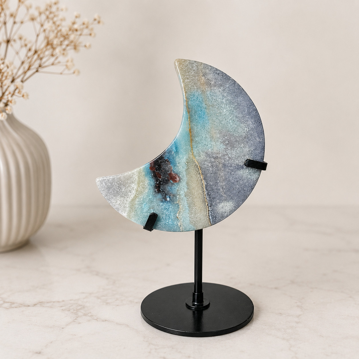 Natural Trolleite Moon w/ Metal Stand Healing Crystal Home Decor Gift