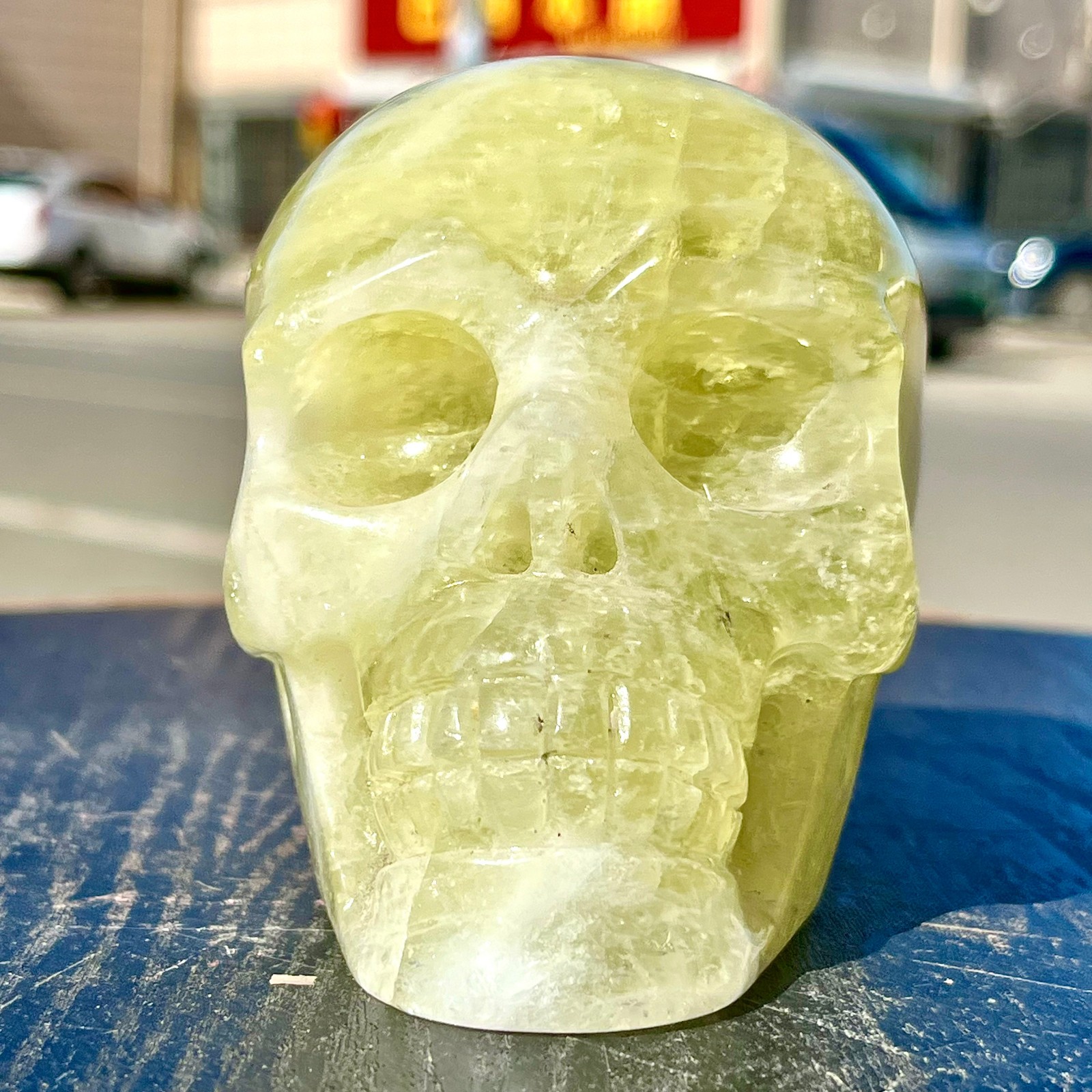 2.24LB Rare natural yellow crystal hand carved skull spiritual ornament