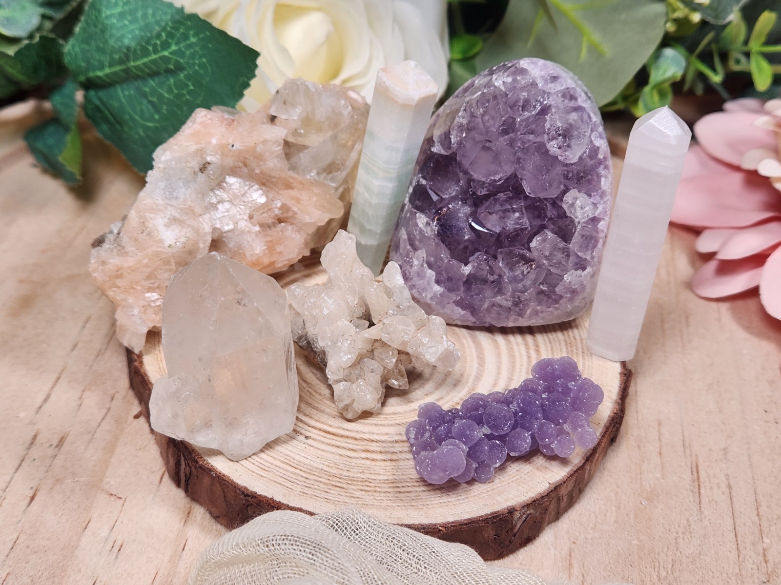 7pc Crystal Collection Amethyst Grape Agate Apophyllite Calcite Quartz Gift Y14