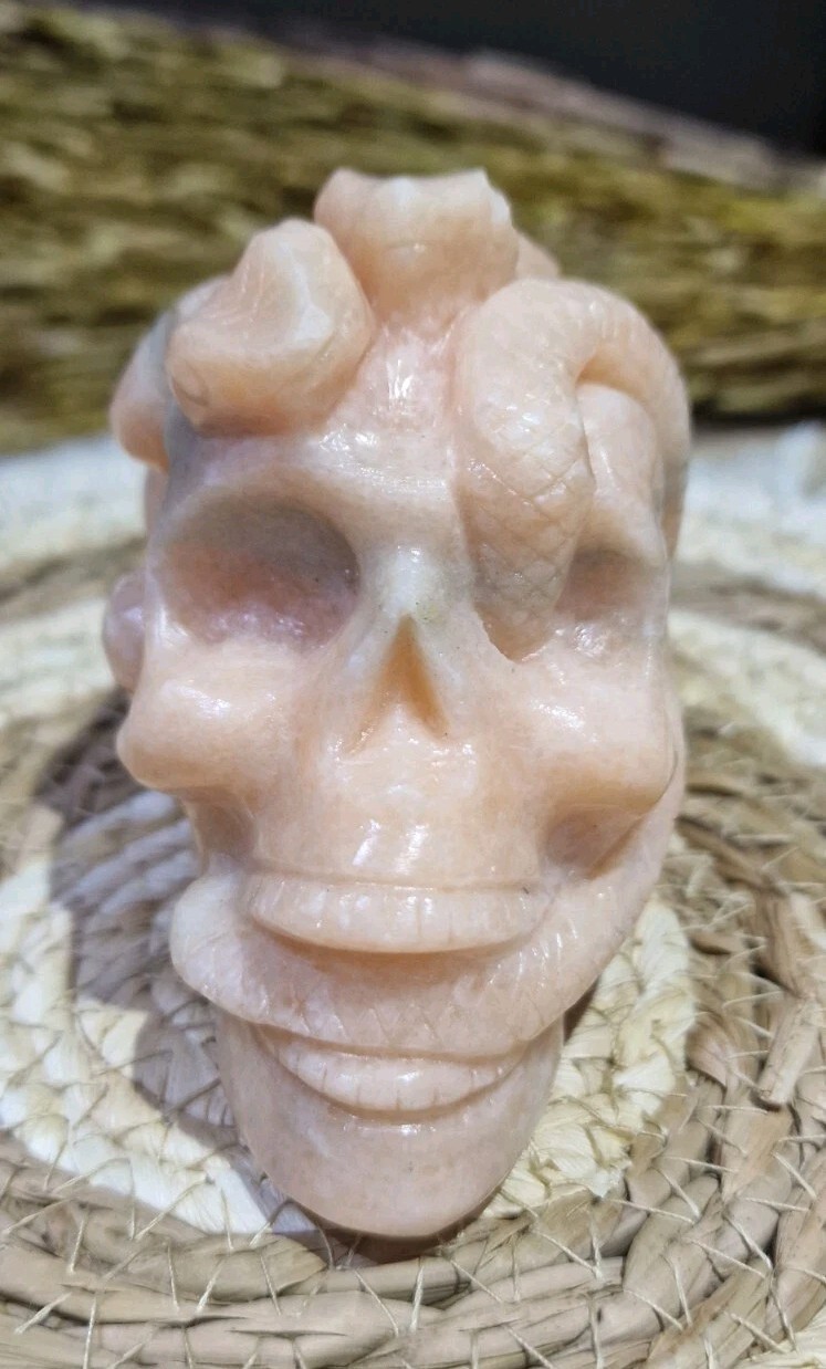 Orange Calcite Medusa Skull Carving, Crystal Snake Skull Carving, IMPERFECT 507g