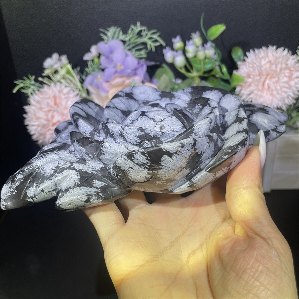 1.7LB 8″ Natural Snowflake Obsidian Flower Carved Heal Crystal Quartz +stand